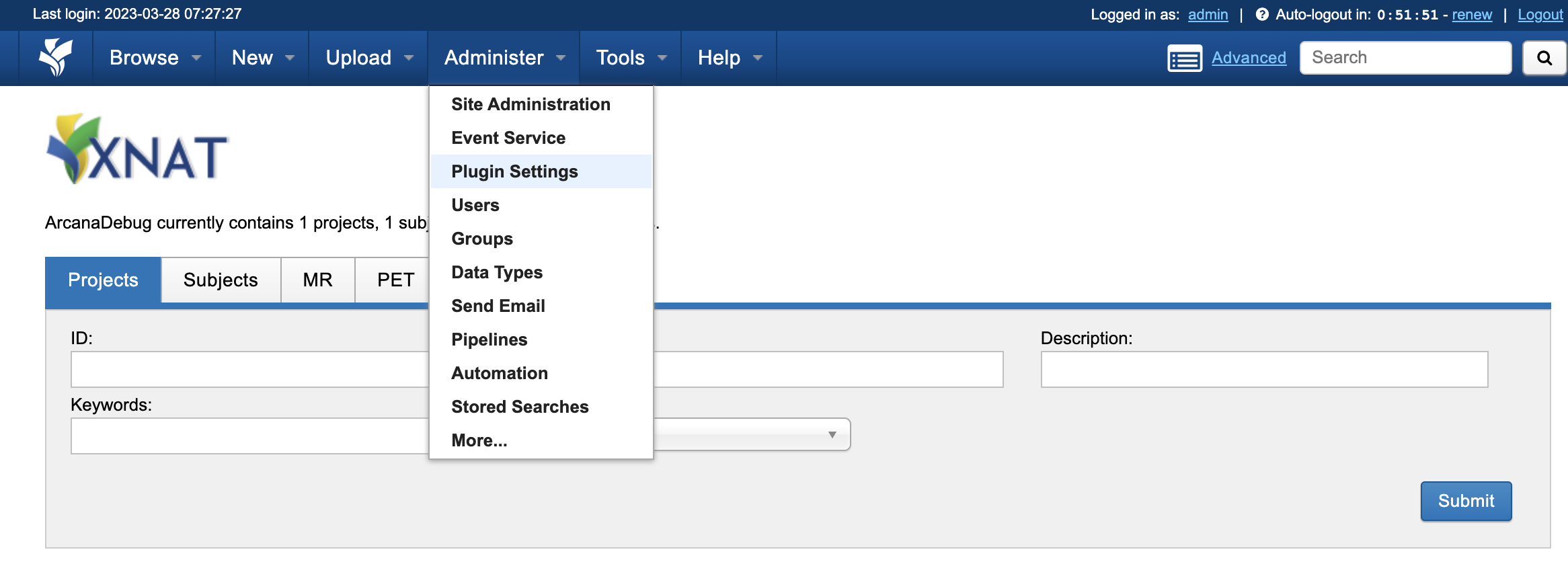 XNAT plugin settings